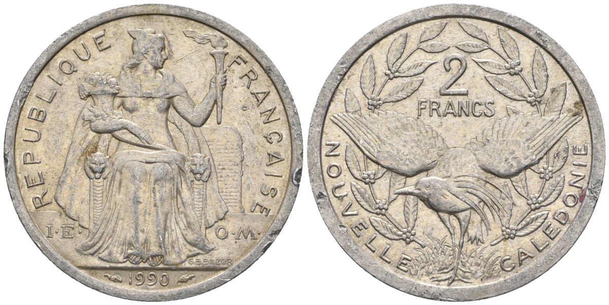 Французская Новая Каледония 2 франка 1990 птица кагу, (IEOM) KM 14, Schoen 11, Lec 66 алюминий    24-1227