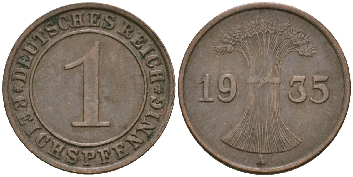 Германия 1 рейхспфенниг 1935 A KM 37, J. 313 бронза 4528-427