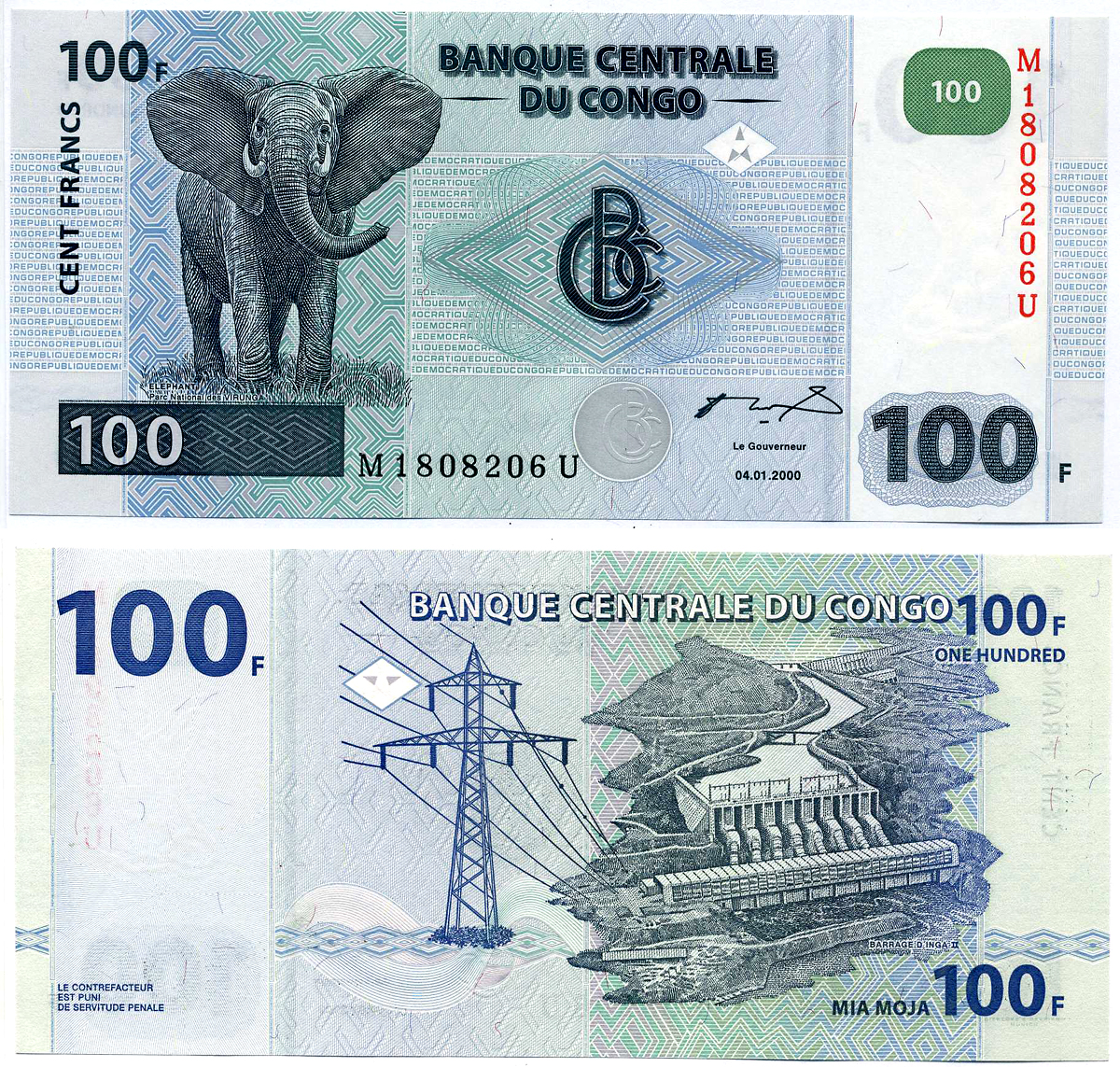 Конго 100 франков 2000 ГЭС, слон Pick 92 бумага UNC (пресс) 7551-15-4-2