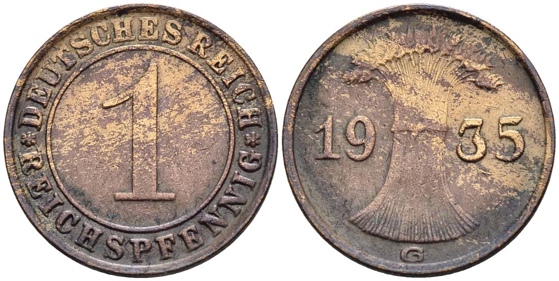 ГЕРМАНИЯ 1 РЕЙХСПФЕННИГ 1935 G KM 37, J. 313, Weege 2 бронза 4547-223