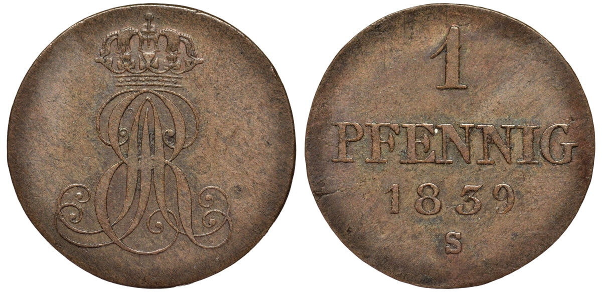 Ганновер 1 пфенниг 1839 S, Эрнст Август (1837-1851) KM 173.3, AKS 128, J. 54 медь 75-1541
