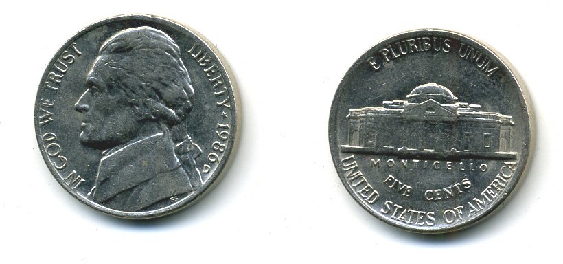 США 5 ЦЕНТОВ 1986 ДЖЕФФЕРСОН KM A192 медно-никель 4364-333