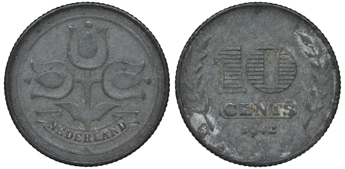 Нидерланды 10 центов 1942 Вильгельмина (1895-1948) KM 173 цинк 4122-137