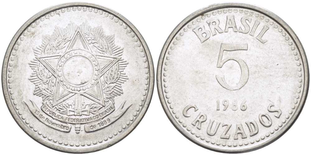 Бразилия 5 крузадо 1986 реформа (1986-1989) KM 606 нержавеющая сталь 24-1137