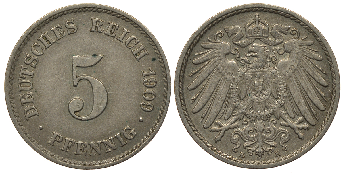 ГЕРМАНИЯ 5 ПФЕННИГОВ 1909 E, KM 11, J. 12 медно-никель 413-6211