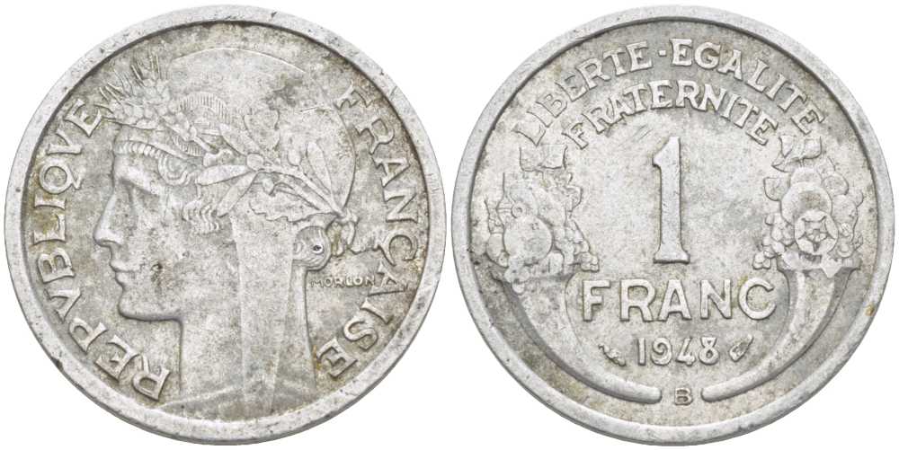 ФРАНЦИЯ 1 ФРАНК 1948 В, ТИП MORLON, LEGERE KM 885a.1, LE FRANC 221.14 алюминий 175-451