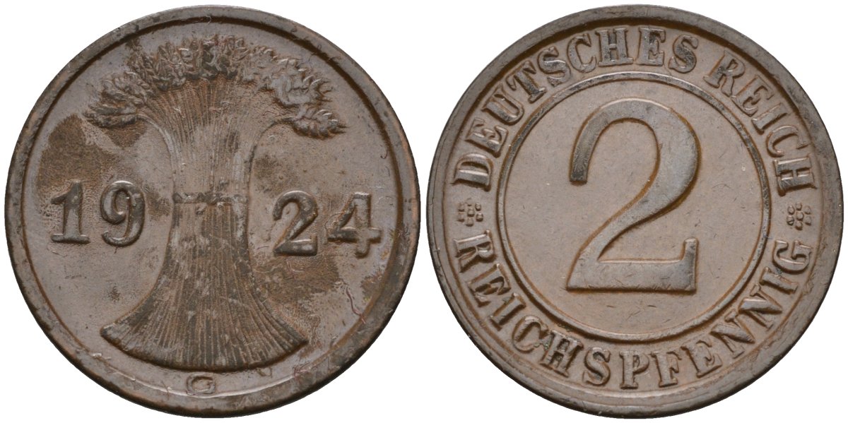 Германия 2 рейхспфеннига 1924 G KM 38, J.314, Weege 4 медь 4584-651