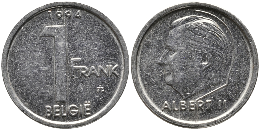 БЕЛЬГИЯ 1 ФРАНК 1994 BELGIE, АЛЬБЕРТ II (1993-) KM 188 железо плакированное никелем 99-1247