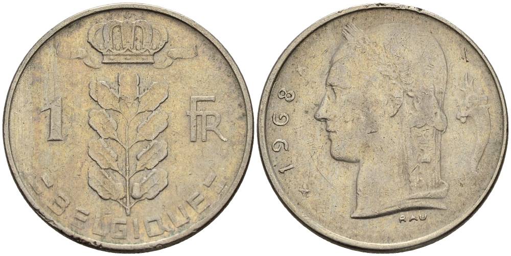 БЕЛЬГИЯ 1 ФРАНК 1968 BELGIQUE KM 142.1 медно-никель 4546-455