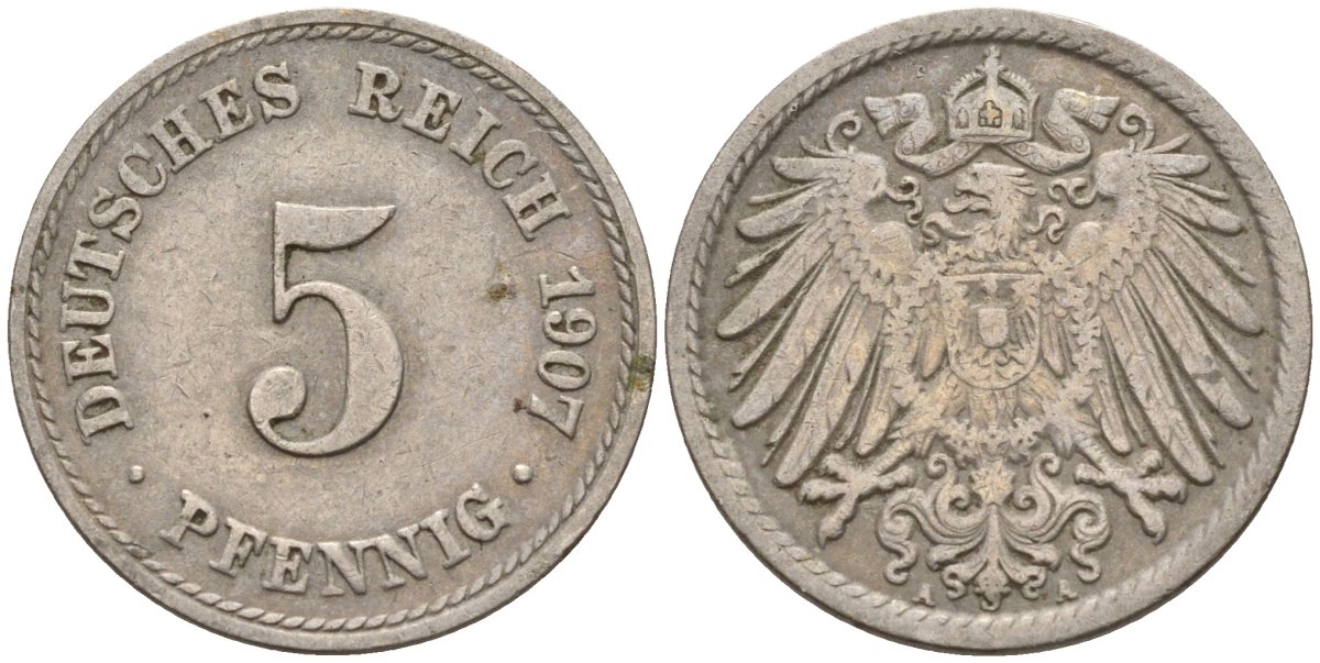 Германия 5 пфеннигов 1907 A KM 11, J. 12 медно-никель 4151-461
