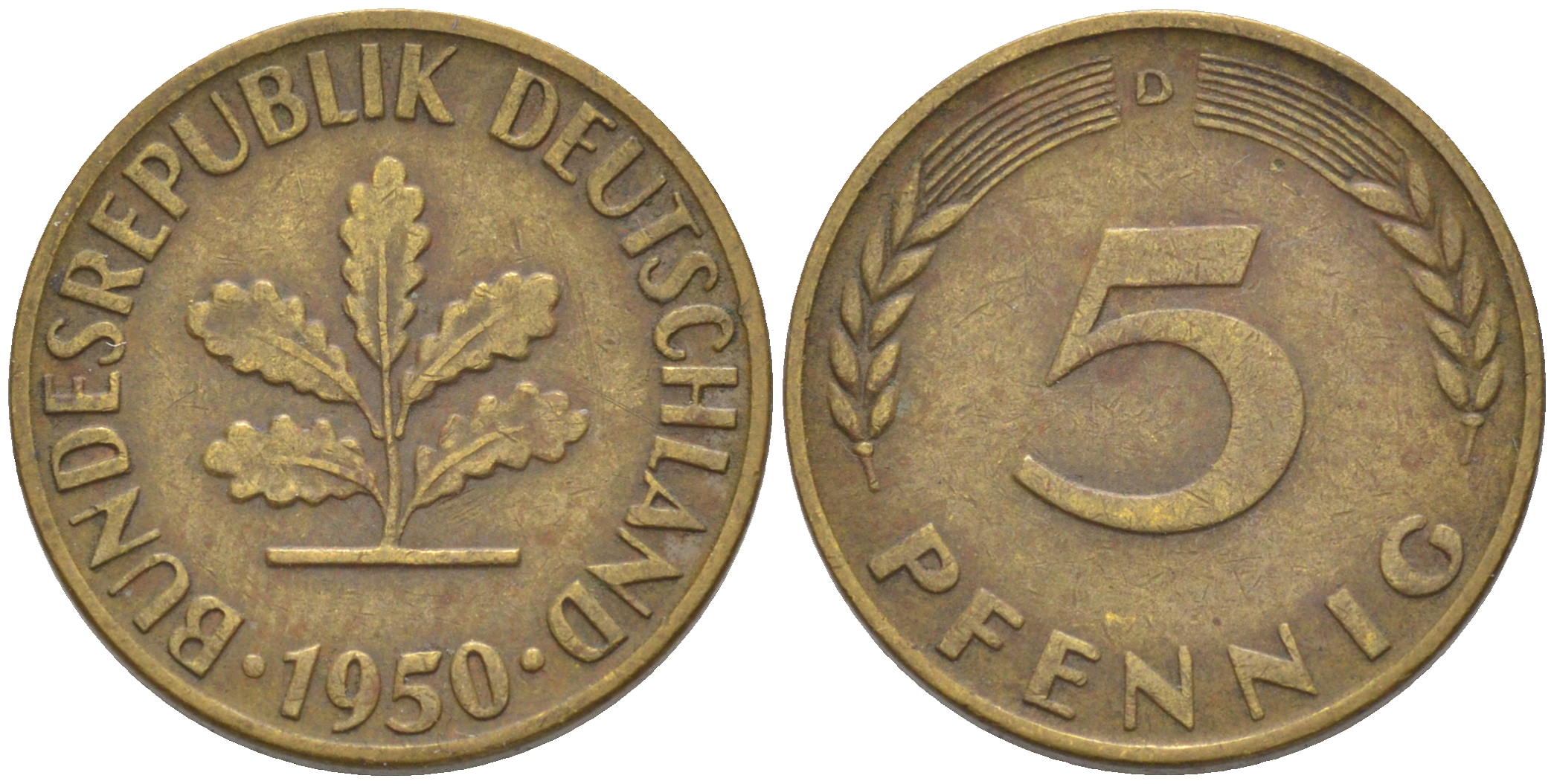 ФРГ 5 пфеннигов 1950 D KM 107, J. 382 сталь плакированная латунью 55-1241