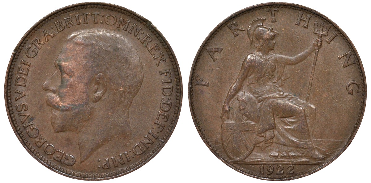 Великобритания 1 фартинг 1922 Георг V (1910-1936) KM 808.2, Spink 4060 бронза 4164-368