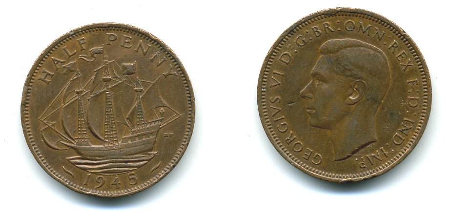 Великобритания 1/2 пенни 1945 Георг VI (1936-1952) KM 844, Spink 4115 бронза 540-442