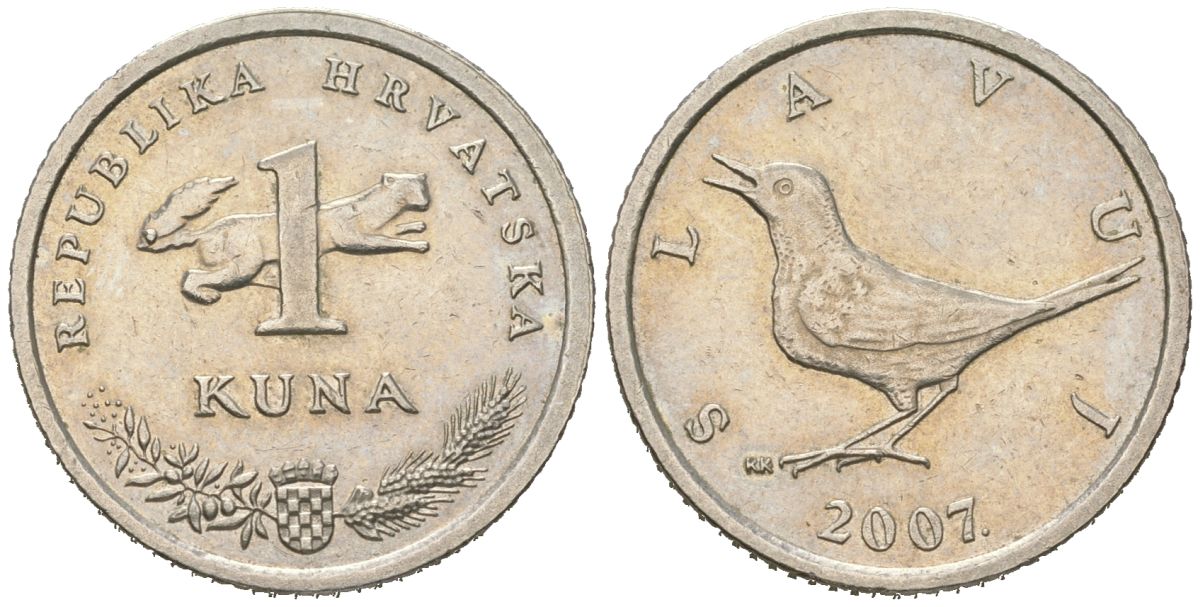 Хорватия 1 куна 2007 западный соловей, легенда на хорватском KM 9.1 медь цинк никель aUNC 4448-915
