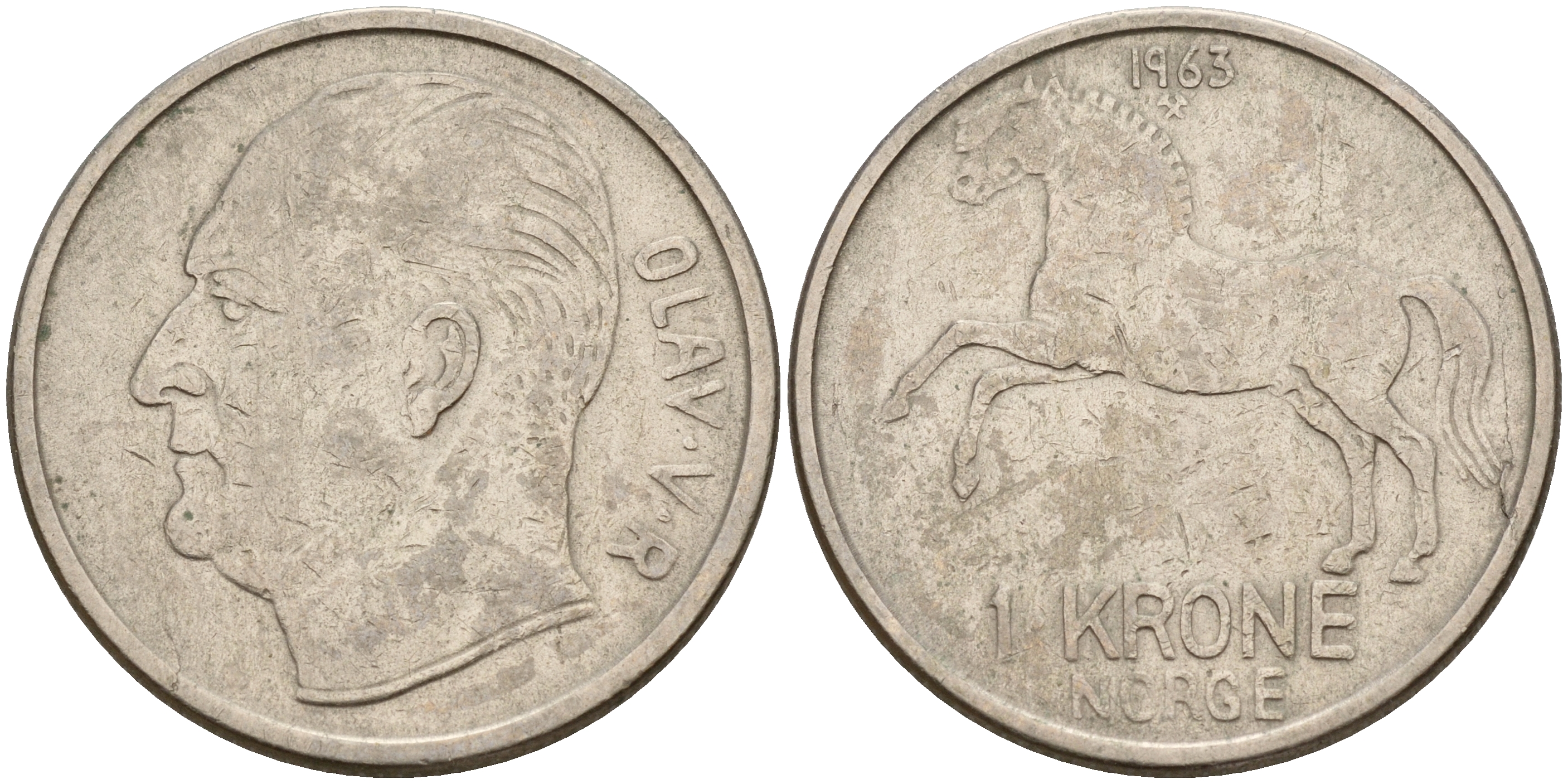 Норвегия 1 крона 1963 Улаф V (1958-1991), лошадь KM 409 медно-никель    4601-1036