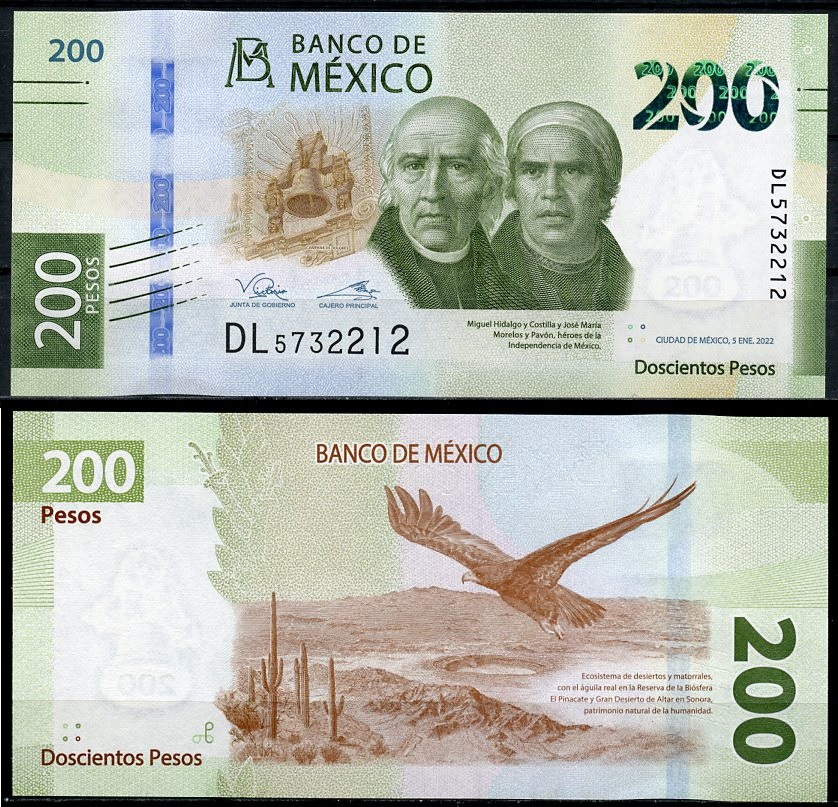 Мексика 200 песо 2022 колокол, Мигель Идальго-и-Костилья, Хосе Мария Морелос, орел, 5 января 2022 Pick 135 (1-2022-5)  бумага  UNC (пресс) 451-796-2