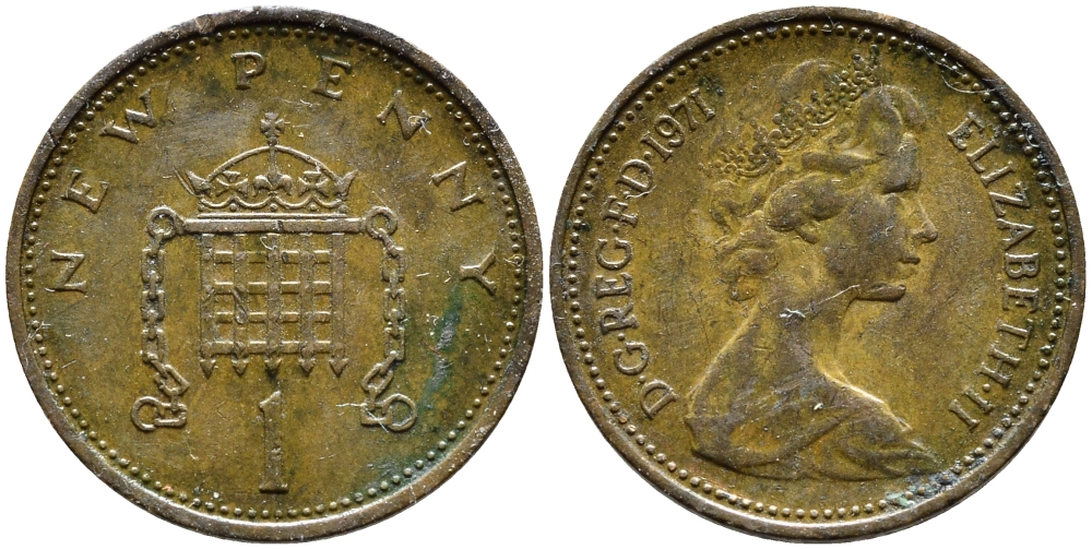 Великобритания 1 пенни 1971 Елизавета II (1952-2022) KM 915, Spink 4237 (B1) бронза 4393-252