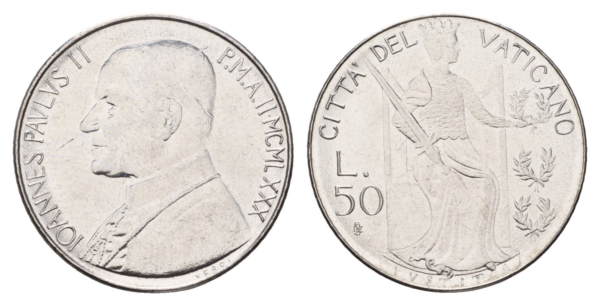 Ватикан 50 лир 1980 MCMLXXX KM 145 нержавеющая сталь UNC 54-2117