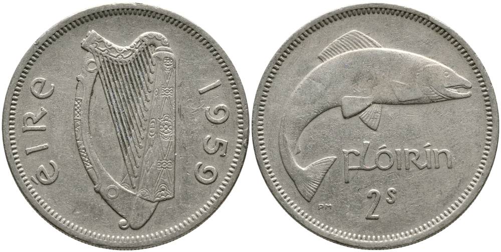 ИРЛАНДИЯ 1 ФЛОРИН = 2 ШИЛЛИНГА 1959 ЛОСОСЬ KM 15а медно-никель 4531-821