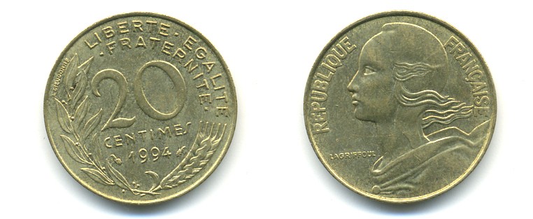 ФРАНЦИЯ 20 САНТИМОВ 1994 KM 930 медь алюминий никель 25-427