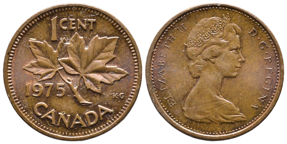 Канада 1 цент 1975 Елизавета II (1952-2022), кленовый лист KM 59.1 бронза 177-1013
