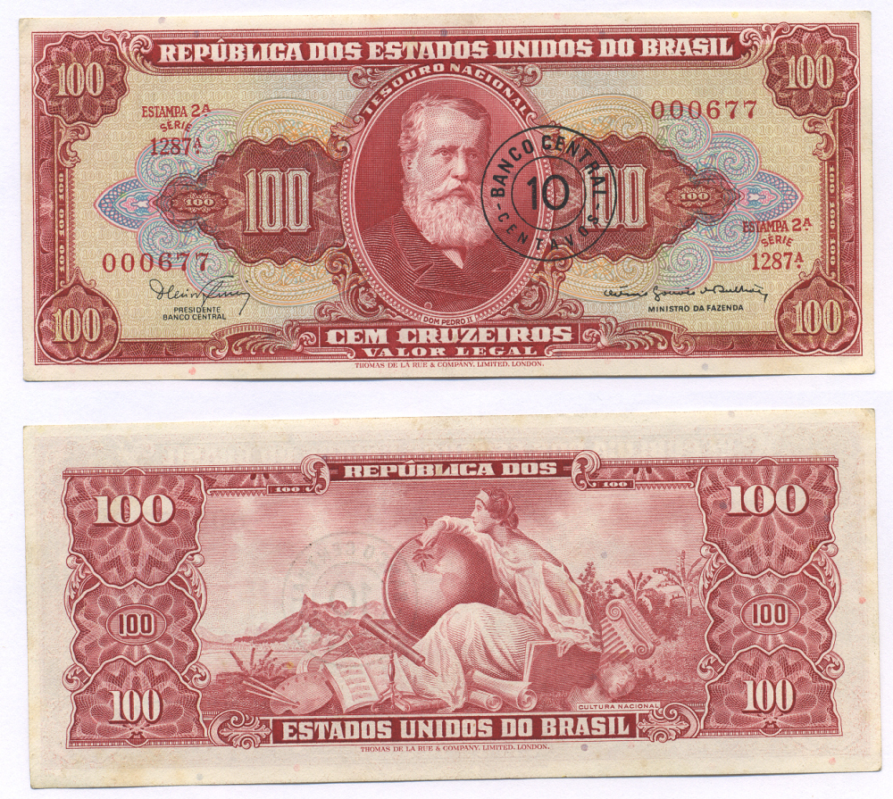 БРАЗИЛИЯ 10 СЕНТАВО 1967 НАДПЕЧАТКА НА 100 КРУЗЕЙРО, СЕРИЯ 1287 Pick 185b бумага UNC (ПРЕСС) 7116-14-1