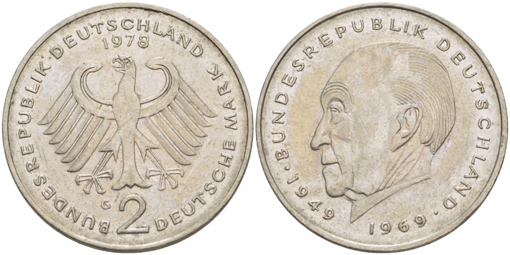 ФРГ 2 МАРКИ 1978 G, КОНРАД АДЕНАУЭР KM 124, J. 406 медно-никель плакированный никелем 3718-1015