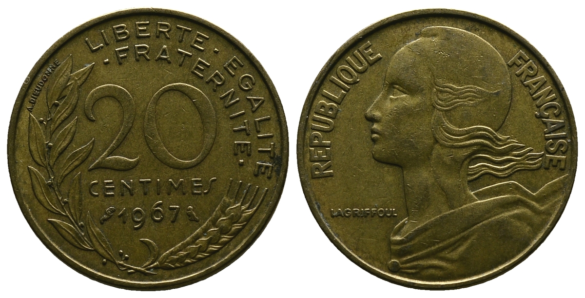 ФРАНЦИЯ 20 САНТИМОВ 1967 KM 930 медь алюминий никель 4384-754