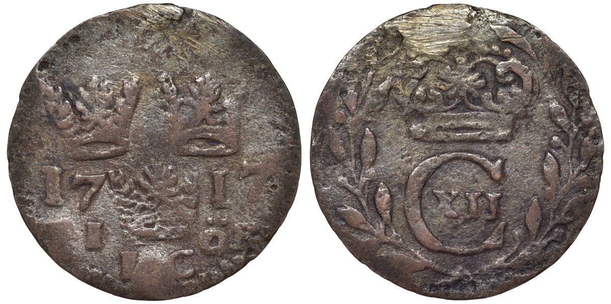 Швеция 1 эре 1717 LC, Карл XII (1697-1718), с подвески KM 250b серебро 4164-233