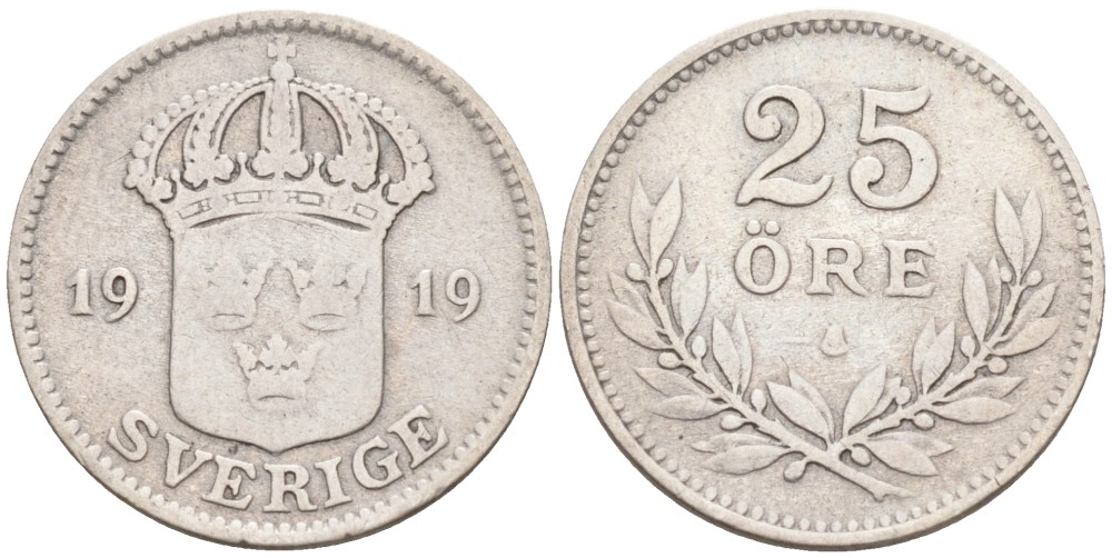Швеция 25 эре 1919 W, Густав V (1907-1950) KM 785 серебро 4380-145