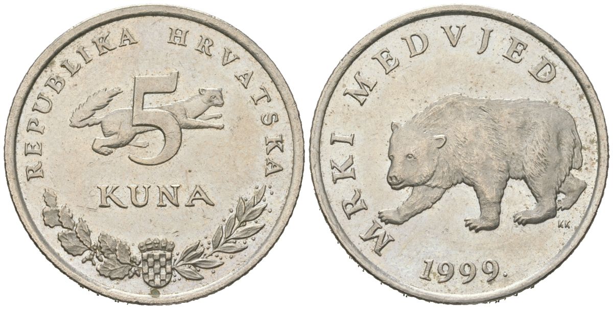 Хорватия 5 кун 1999 бурый медведь, легенда на хорватском KM 11 медь цинк никель aUNC 4385-442
