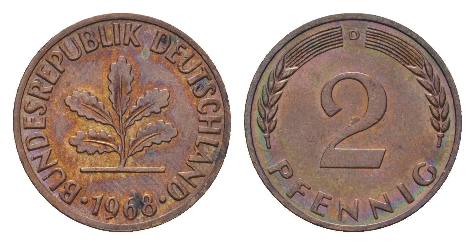 ФРГ 2 пфеннига 1968 D KM 106, J. 381 бронза 3458-725