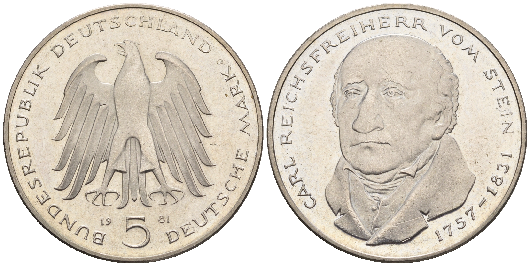 ФРГ 5 марок 1981 G, 150 лет со дня смерти Карла фон Штейна KM 155, J. 430 медно-никель плакированный никелем 87-1024