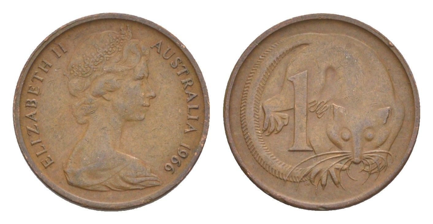 Австралия 1 цент 1966 Елизавета II (1952-2022), молодой портрет, опоссум KM 62 бронза 4585-147