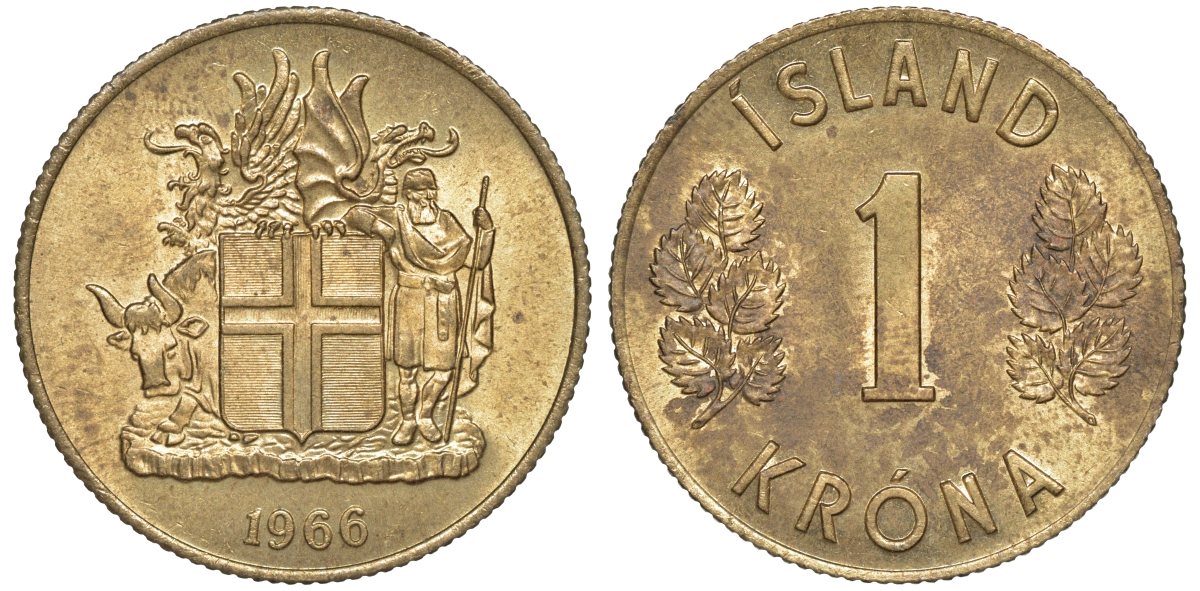 Исландия 1 крона 1966 KM 12a никель латунь 4606-436