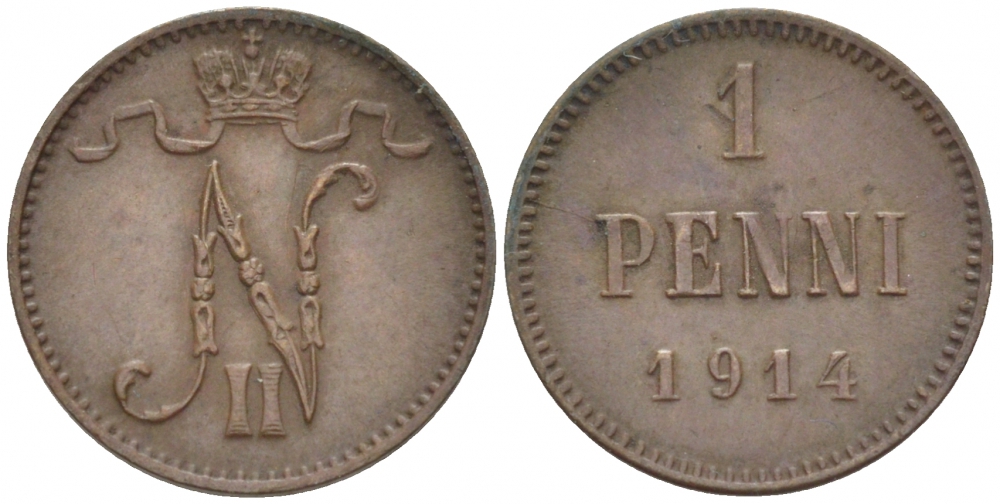 Россия для Финляндии 1 пенни 1914 Николай II (1894-1917) KM 13, Биткин 474 медь 4396-1425
