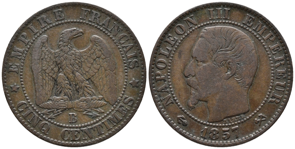 ФРАНЦИЯ 5 САНТИМОВ 1857 В, НАПОЛЕОН III (1852-1870) KM 777.2, LE FRANC 116.38 бронза 34-1212