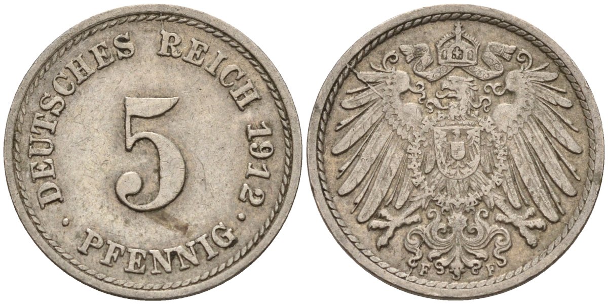Германия 5 пфеннигов 1912 F KM 11, J. 12 медно-никель 4151-536