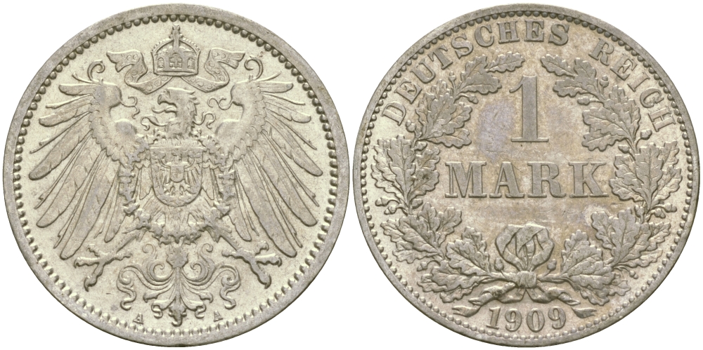 Германия 1 марка 1909 A Weege 18, J. 17, KM 14 серебро aUNC 65-225