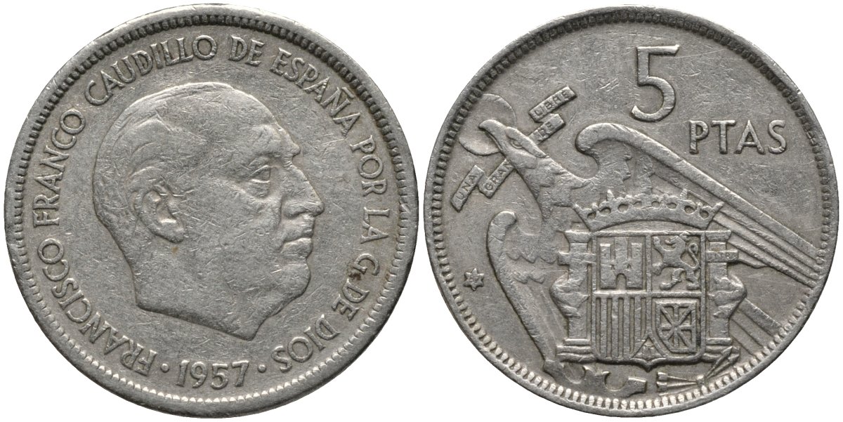 Испания 5 песет 1957 (57) Франциско Франко (1939-1975) KM 786 медно-никель 4577-725