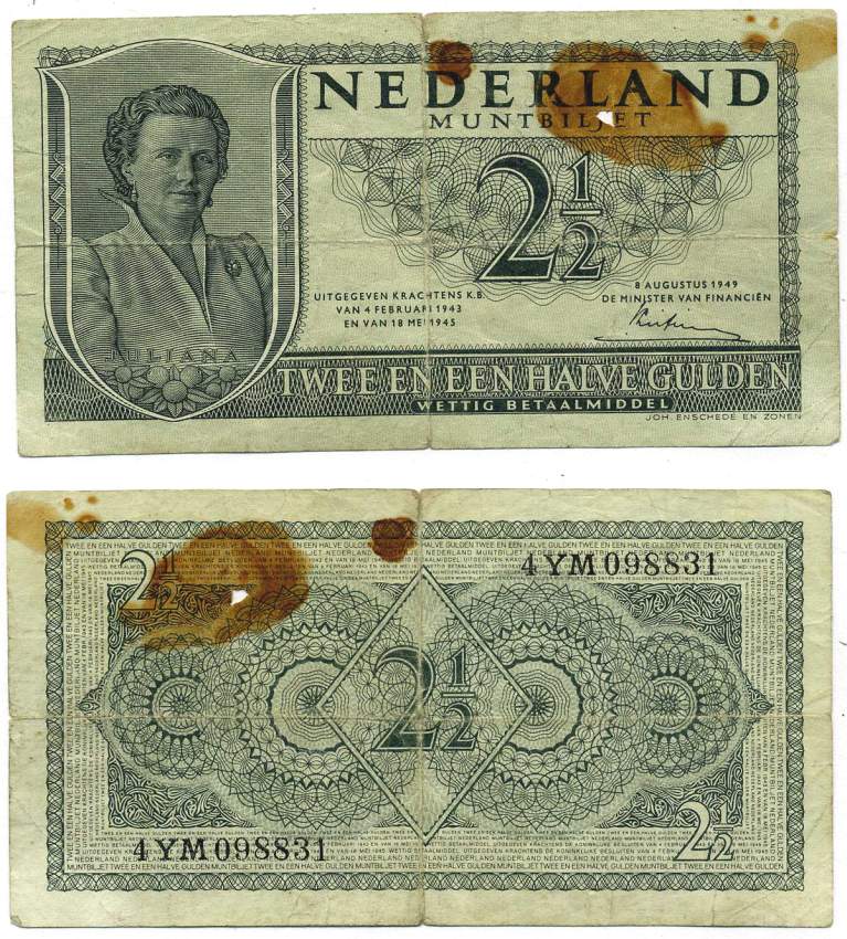 НИДЕРЛАНДЫ 2 1/2 ГУЛЬДЕНА 1949 8 АВГУСТА 1949, КОРОЛЕВА ЮЛИАНА Pick 73 бумага 8612-20-2-1