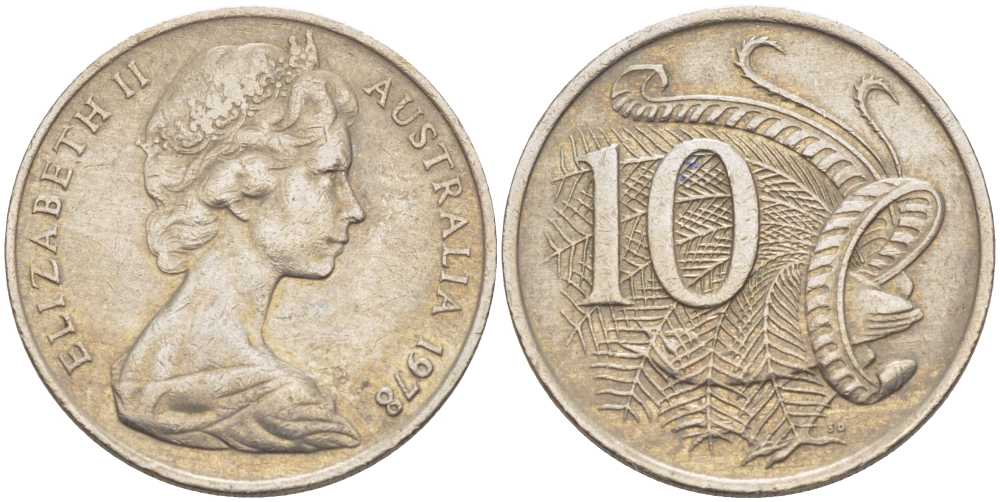 Австралия 10 центов 1978 Елизавета II (1952-), птица лирахвост KM 65 медно-никель 4382-1021