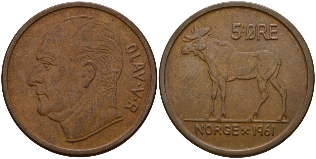 Норвегия 5 эре 1961 Улаф V (1958 - 1991) KM 405 бронза 4156-252