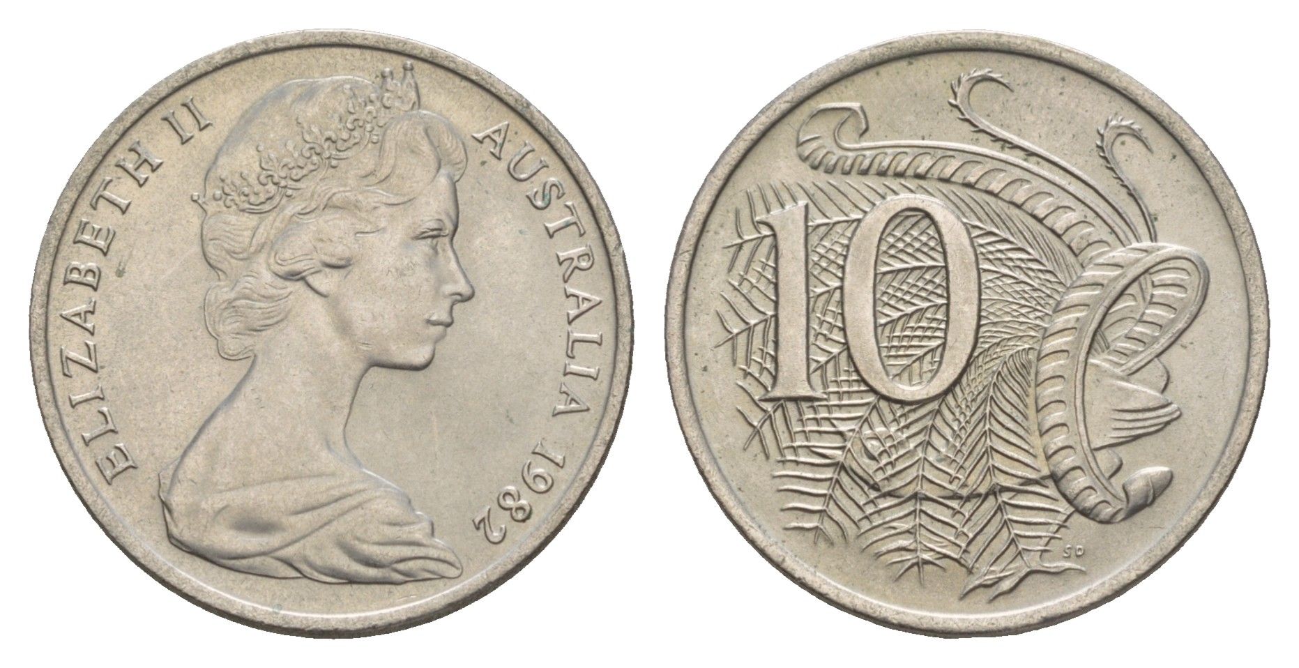 Австралия 10 центов 1982 Елизавета II (1952-2022), птица лирахвост KM 65 медно-никель UNC 4657-151