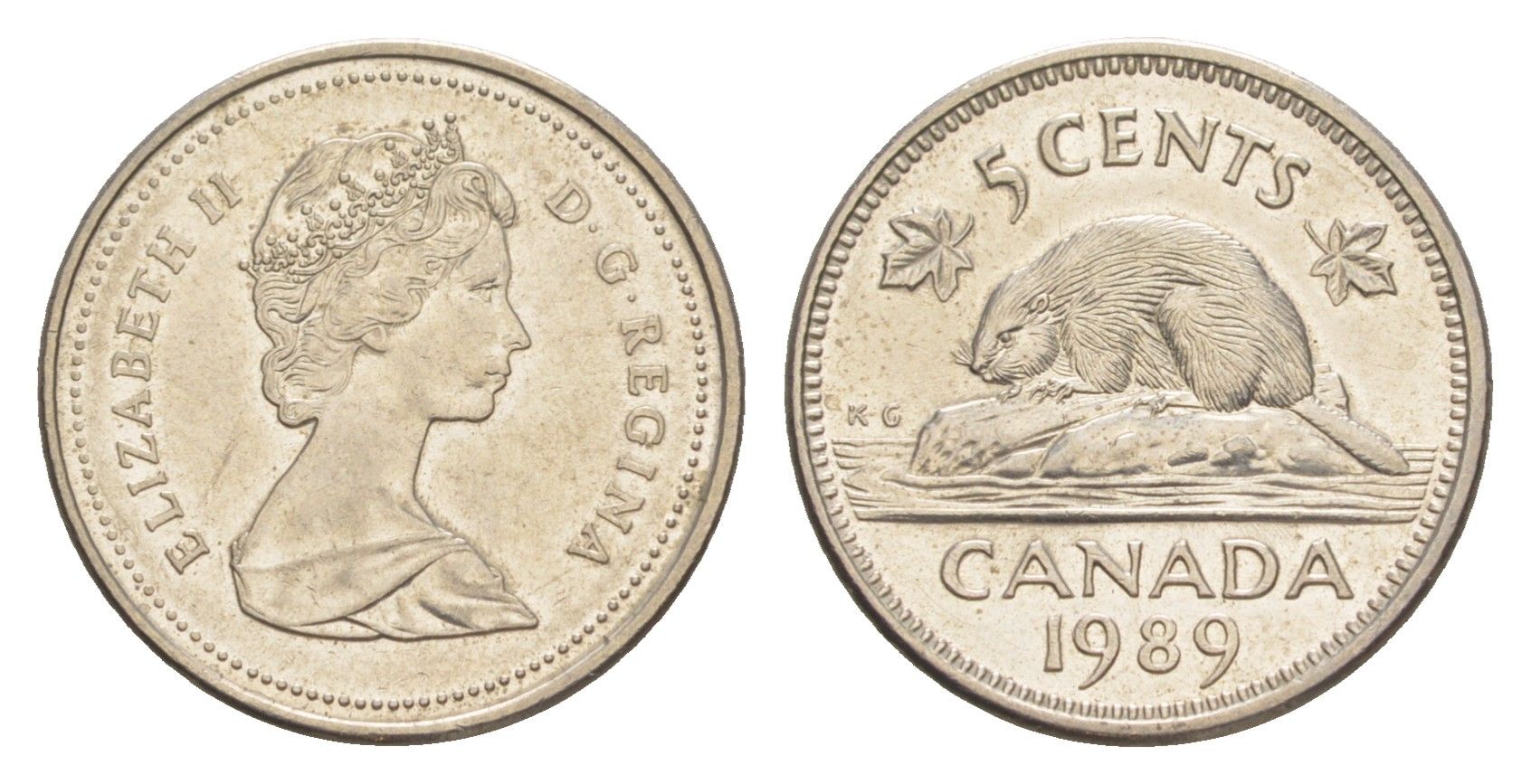 Канада 5 центов 1989 Елизавета II (1952-2022), бобр KM 60.2a медно-никель 4636-618