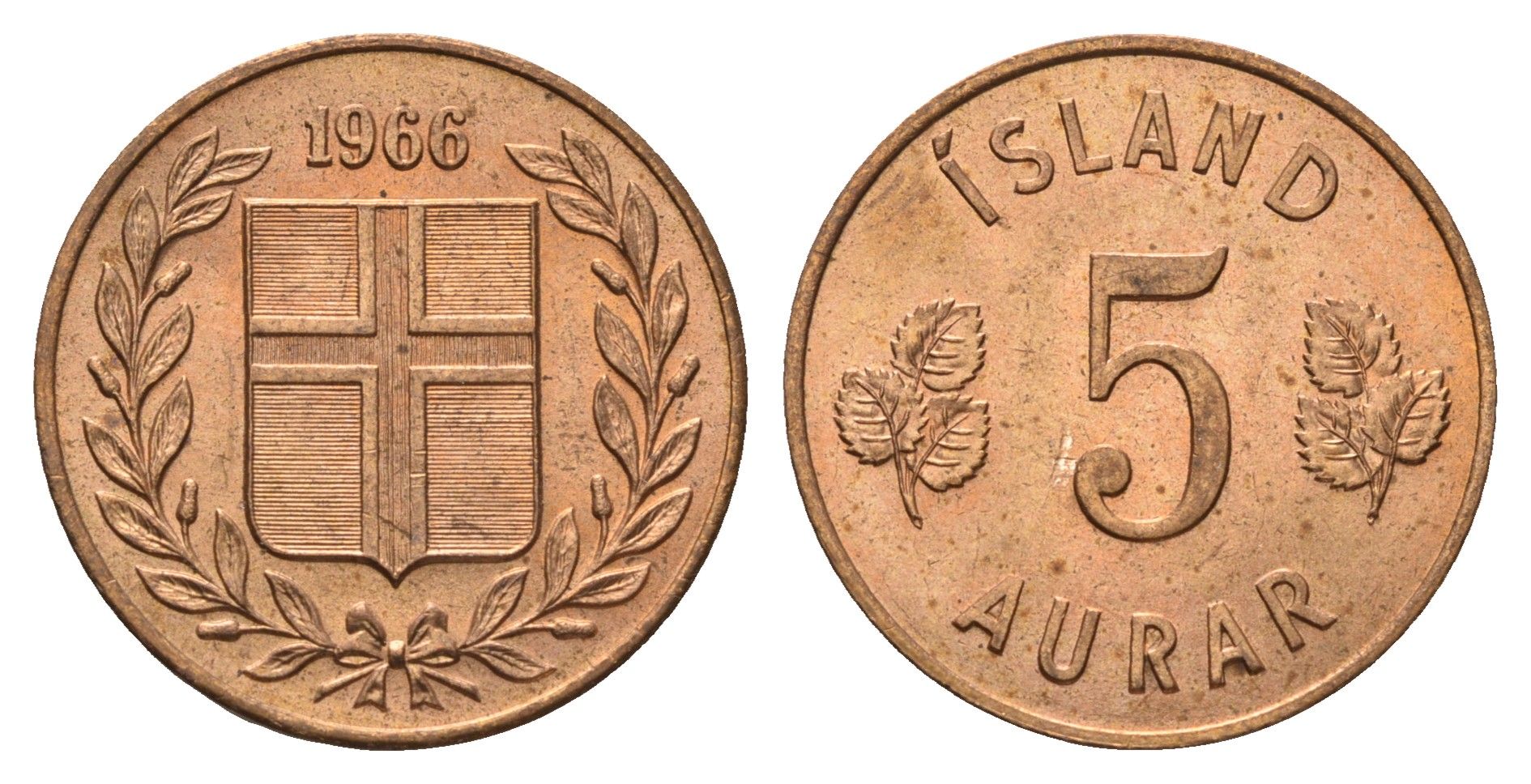 Исландия 5 эйре 1966 KM 9 бронза UNC 4695-524