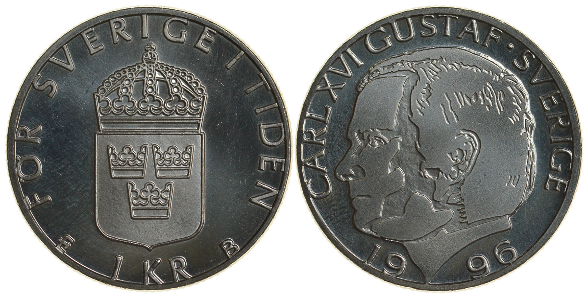 Швеция 1 крона 1996 B, Карл XVI Густав (1973- ) KM 852a медно-никель PROOFLIKE 4179-1246
