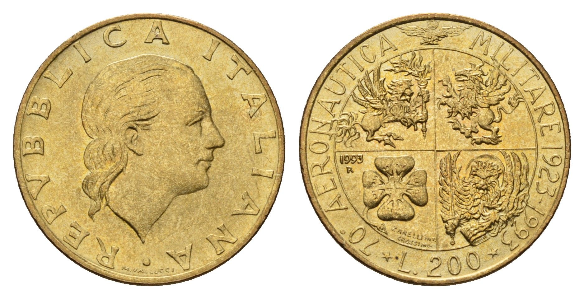 Италия 200 лир 1993 70 лет военной авиации KM 155 алюминиевая бронза UNC 4119-614