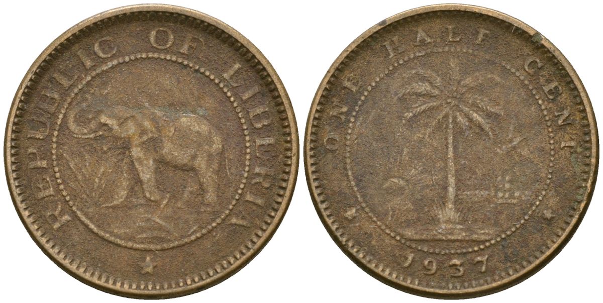 Либерия 1/2 цента 1937 KM 10 латунь 4174-419