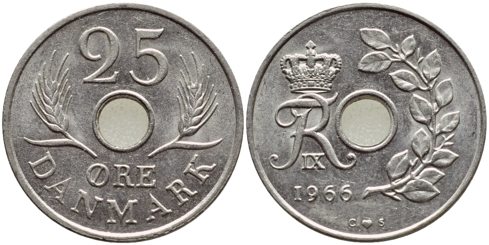 ДАНИЯ 25 ЭРЕ 1966 С; S, ФРЕДЕРИК IX (1947-1972) KM 855.1 медно-никель 4398-952